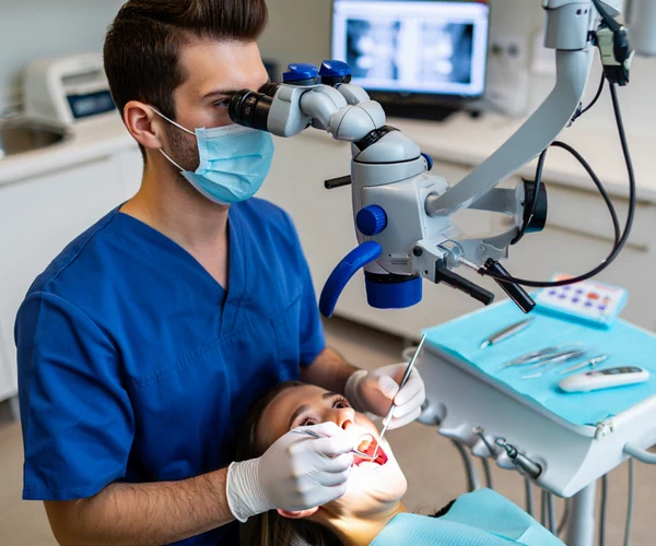 A dentist performs root canal treatment